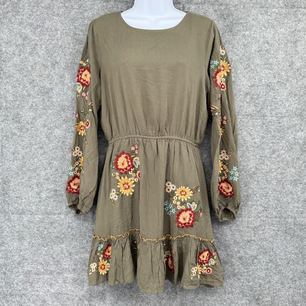 Womens Olive Green Floral Embroidered Long Sleeve Dress Ruffle‎ Hem Lined Size L